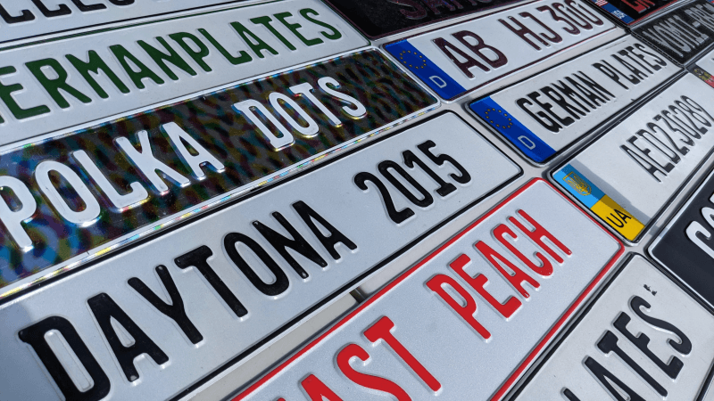 Custom German Euro Plates on our counter at car shows